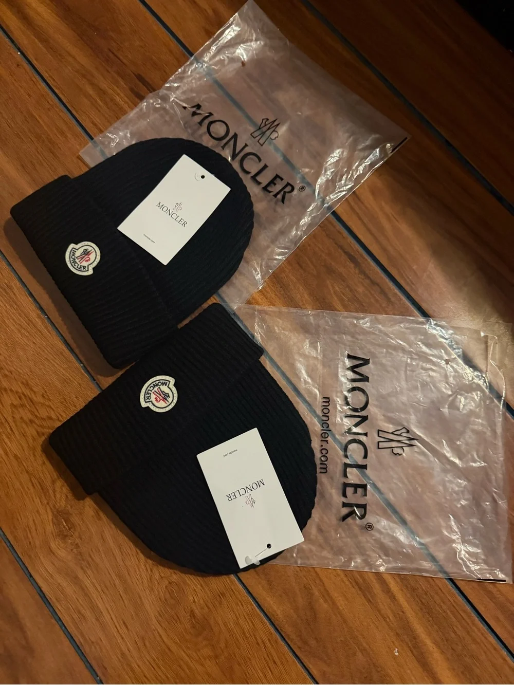 Moncler Black Ribbed Cuff Beanie Pair with Logo Patch
